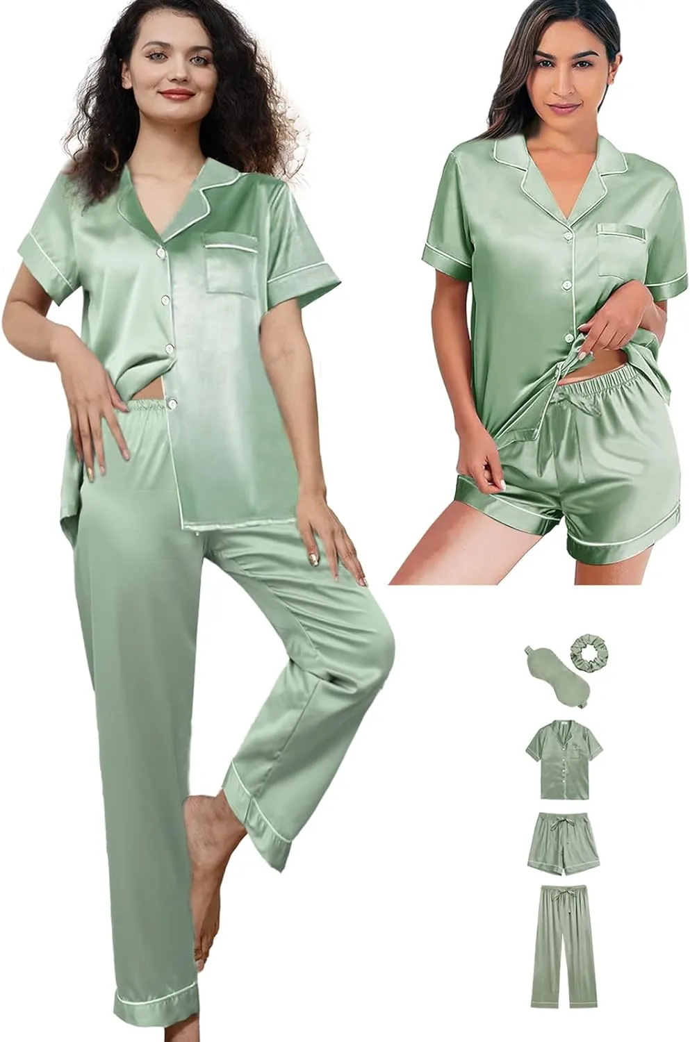 5Pcs Womens Silk Satin Pajamas Sets XS-XXL Short Pj Sets Button Down Pjs Set Sleepwear Loungewear