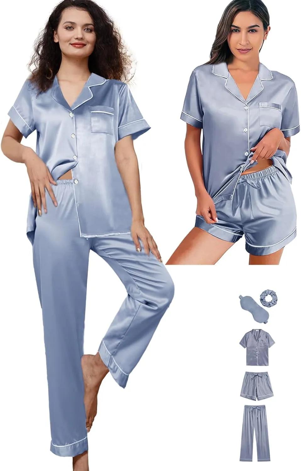 5Pcs Womens Silk Satin Pajamas Sets XS-XXL Short Pj Sets Button Down Pjs Set Sleepwear Loungewear