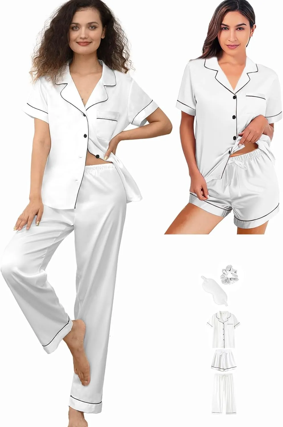 5Pcs Womens Silk Satin Pajamas Sets XS-XXL Short Pj Sets Button Down Pjs Set Sleepwear Loungewear