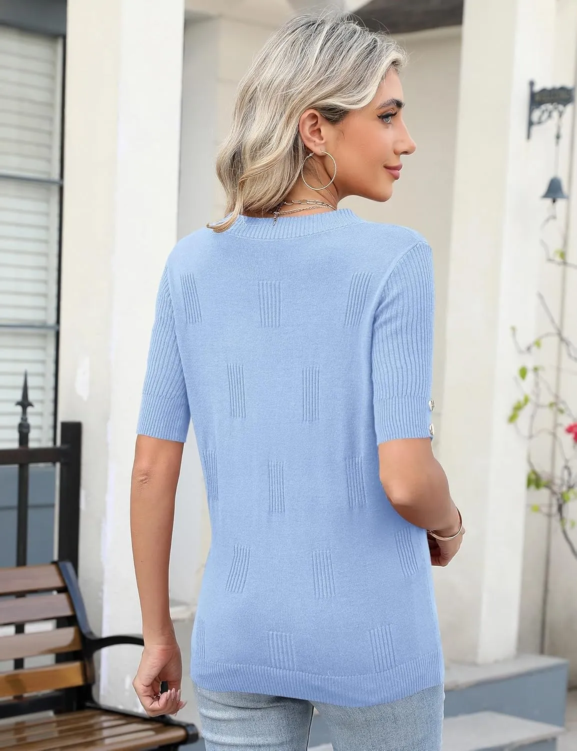 AKEWEI Womens V Neck Sweater Short Sleeve Lightweight Knit Spring Summer Tops with Decorative Buttons