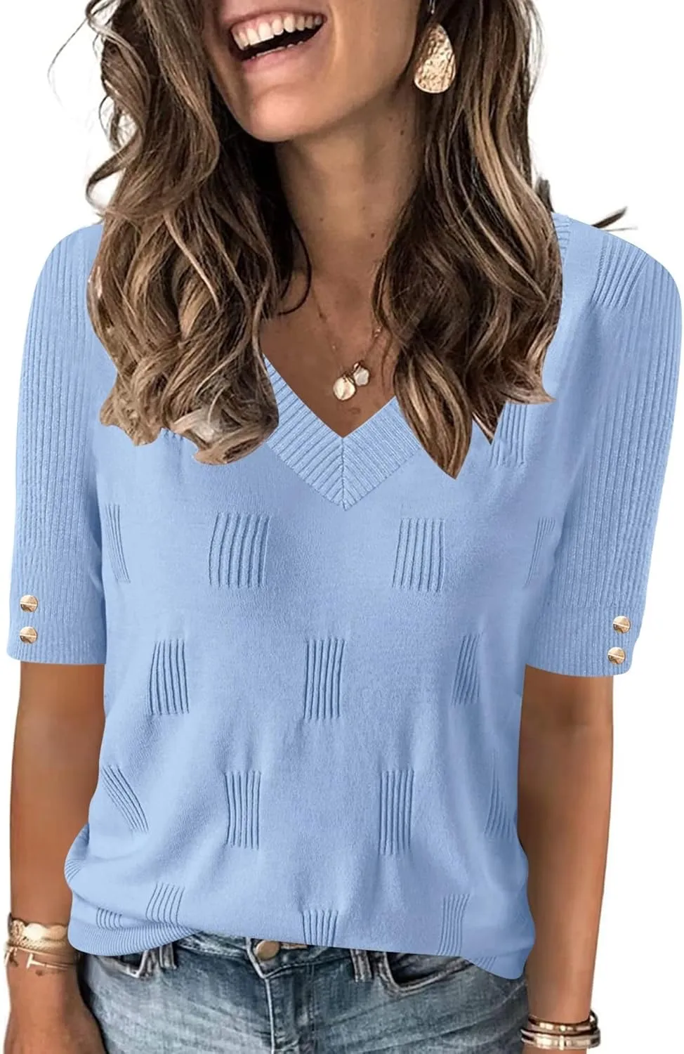 AKEWEI Womens V Neck Sweater Short Sleeve Lightweight Knit Spring Summer Tops with Decorative Buttons
