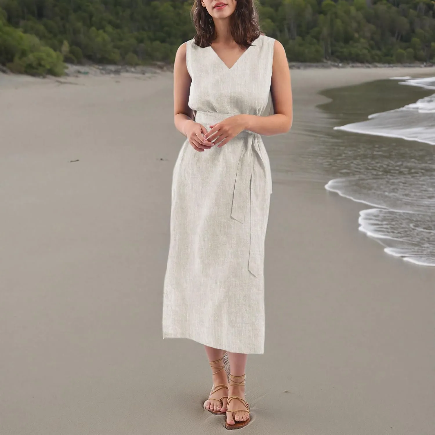 Amazhiyu Womens 100% Linen Summer Sleeveless V-Neck Midi Dresses with Pockets
