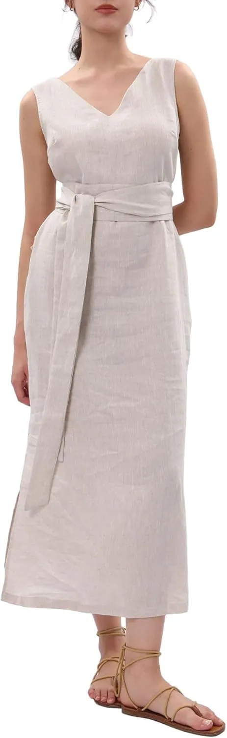 Amazhiyu Womens 100% Linen Summer Sleeveless V-Neck Midi Dresses with Pockets