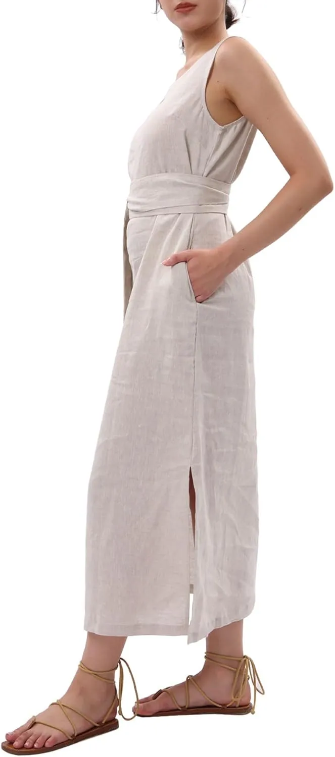 Amazhiyu Womens 100% Linen Summer Sleeveless V-Neck Midi Dresses with Pockets