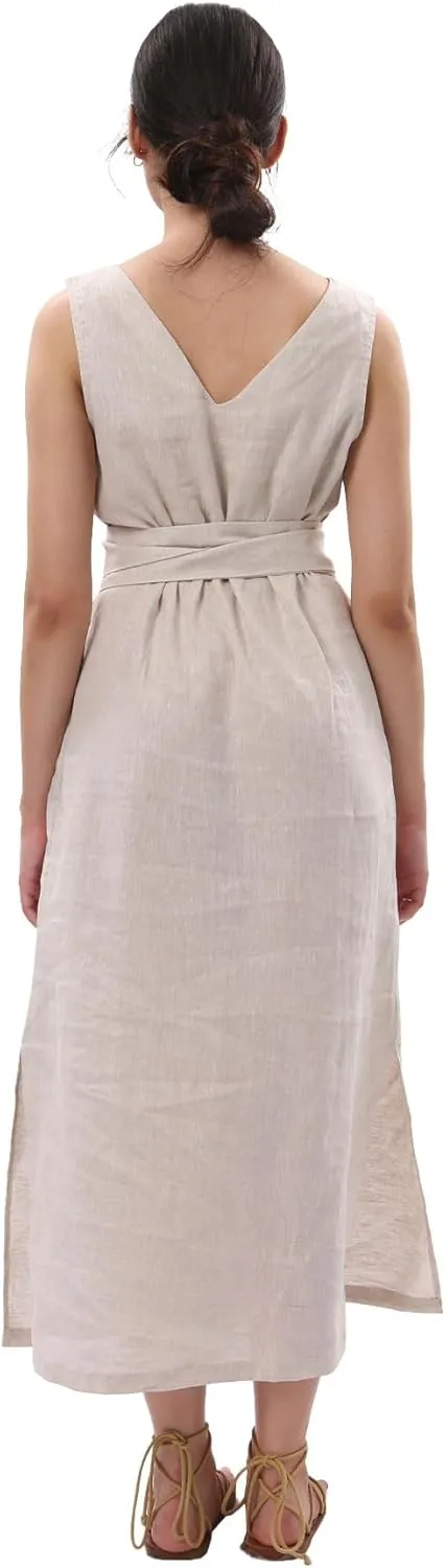 Amazhiyu Womens 100% Linen Summer Sleeveless V-Neck Midi Dresses with Pockets