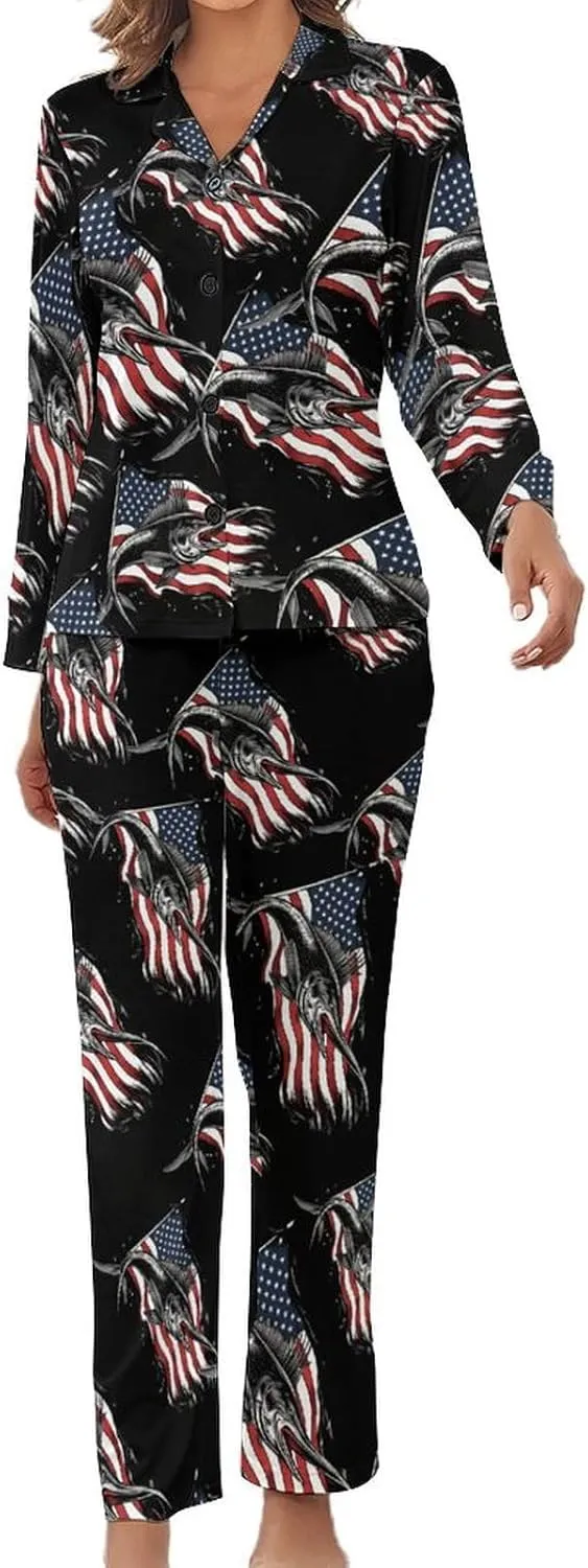American Flag Marlin Womens Pajamas Satin PJ Set Button Down Loungewear Set 2 Piece Lounge Sets