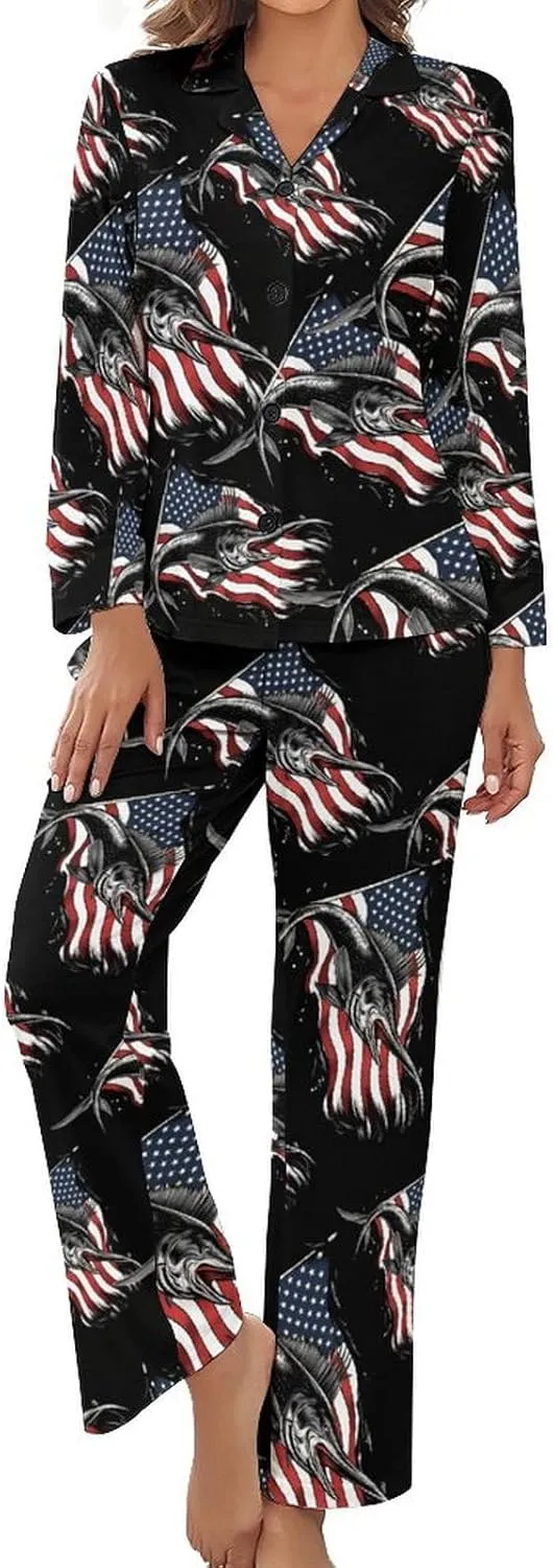 American Flag Marlin Womens Pajamas Satin PJ Set Button Down Loungewear Set 2 Piece Lounge Sets