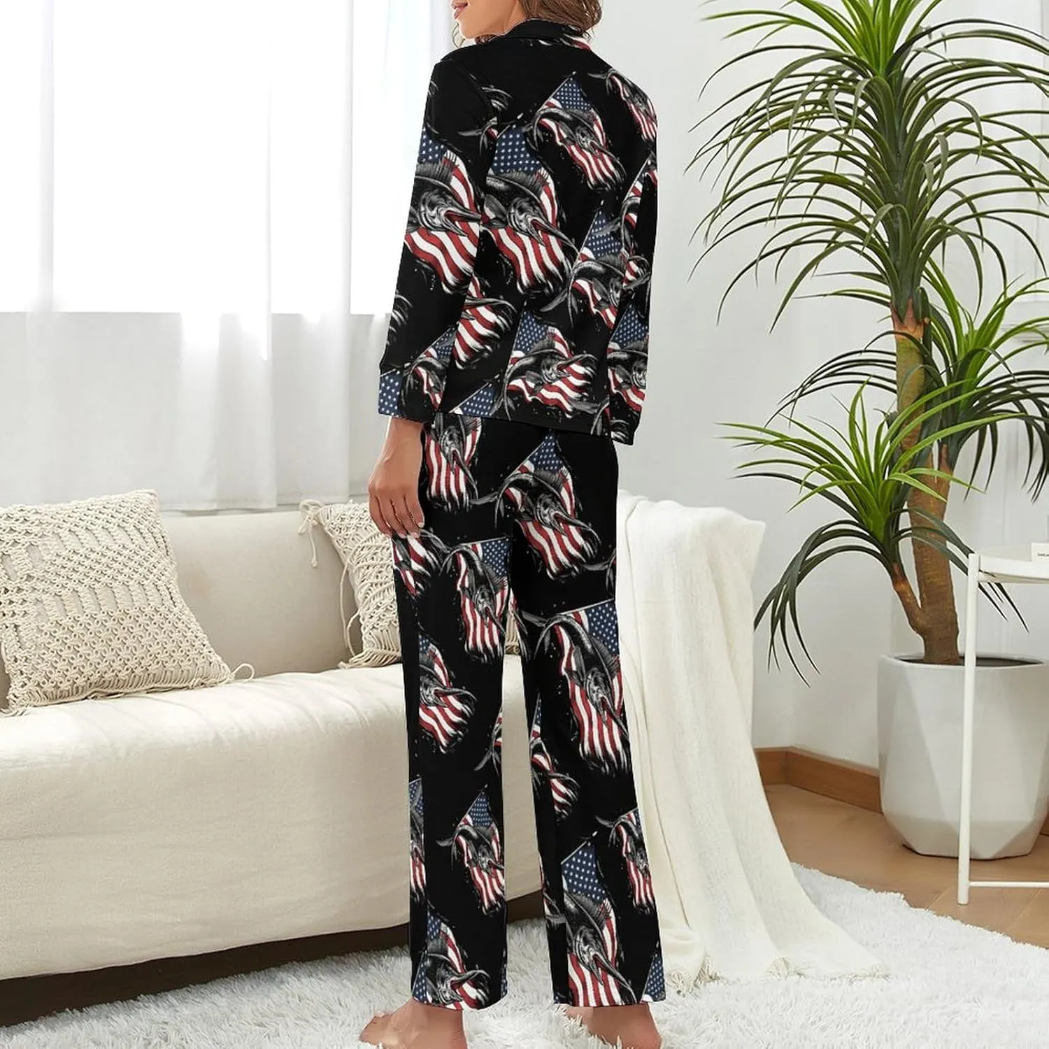 American Flag Marlin Womens Pajamas Satin PJ Set Button Down Loungewear Set 2 Piece Lounge Sets