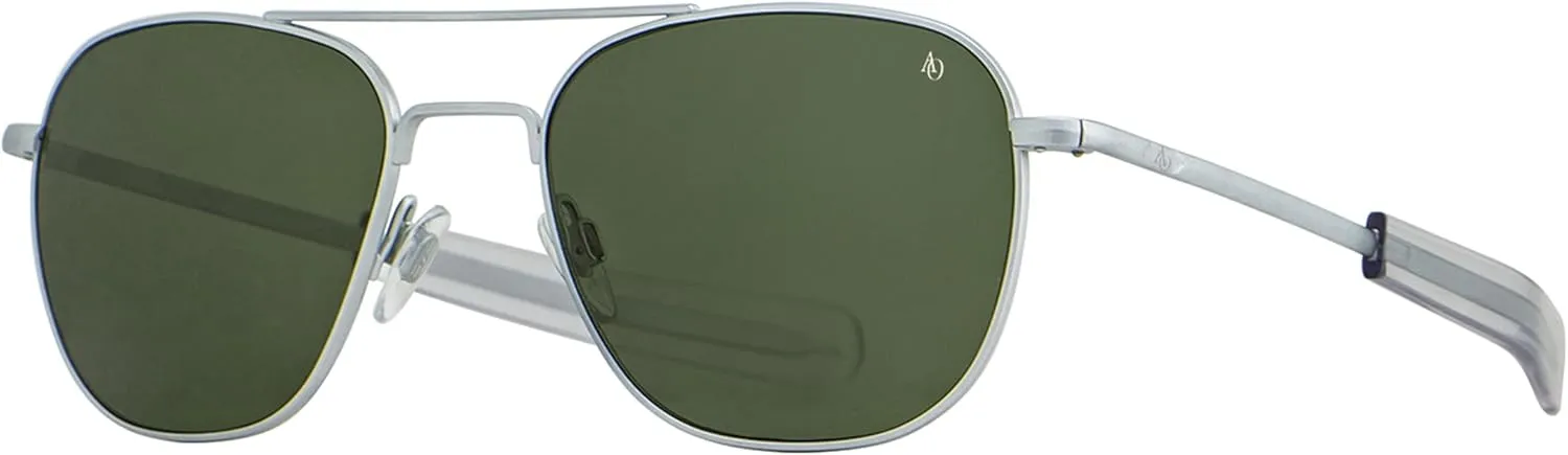 AO Original Pilot Sunglasses - Matte Silver - Calobar Green SkyMaster Glass Lenses - Bayonet Temple - 57-20-140