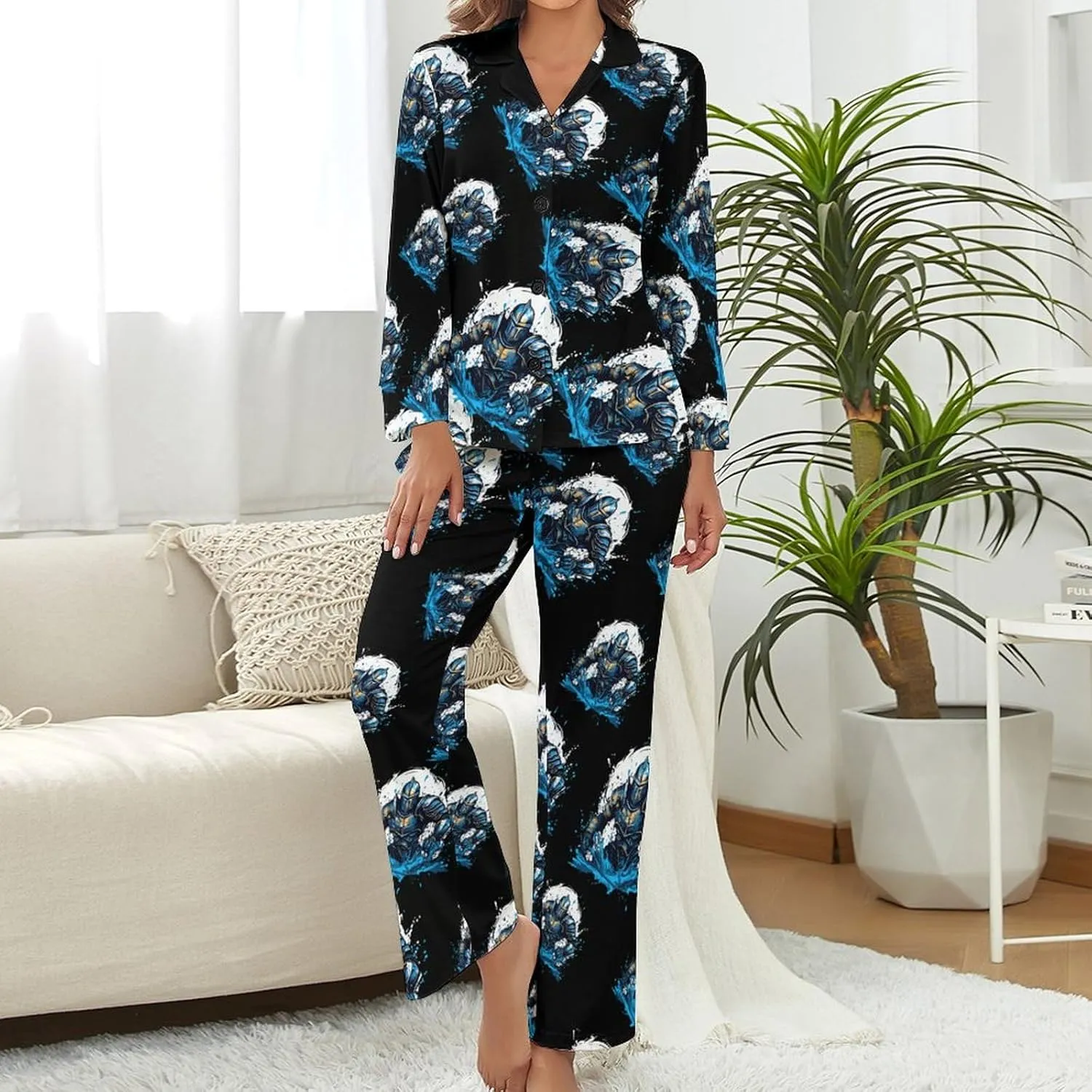 Armored Warrior Medieval Knight Womens Pajamas Satin PJ Set Button Down Loungewear Set 2 Piece Lounge Sets