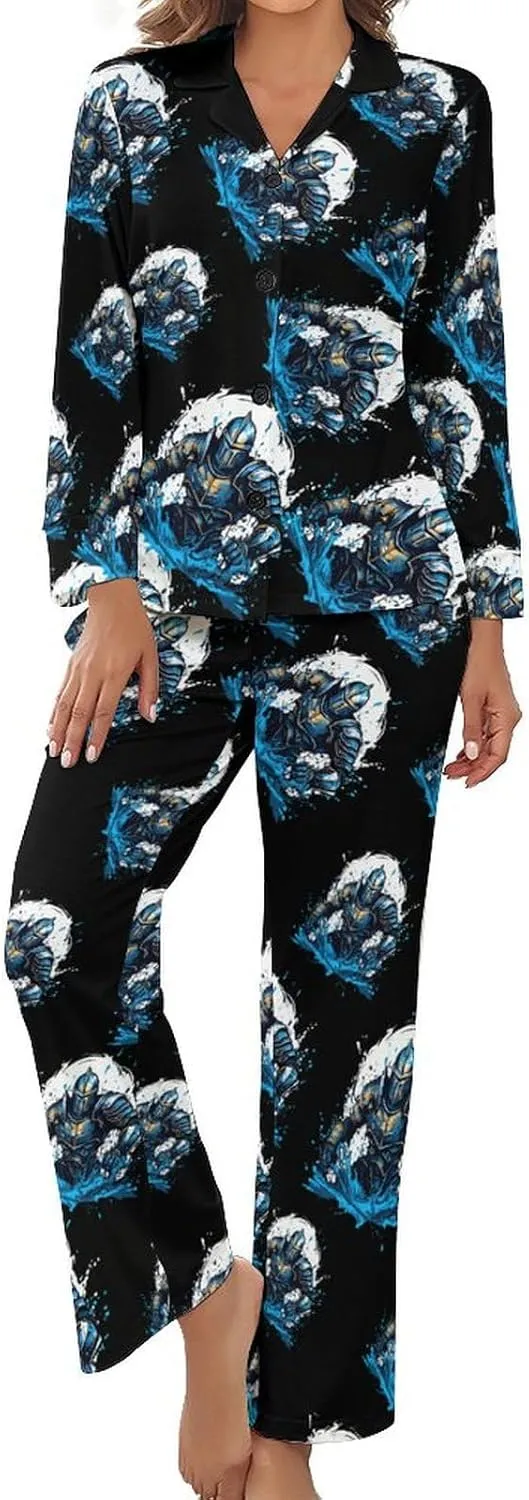Armored Warrior Medieval Knight Womens Pajamas Satin PJ Set Button Down Loungewear Set 2 Piece Lounge Sets