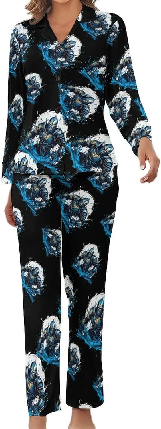 Armored Warrior Medieval Knight Womens Pajamas Satin PJ Set Button Down Loungewear Set 2 Piece Lounge Sets