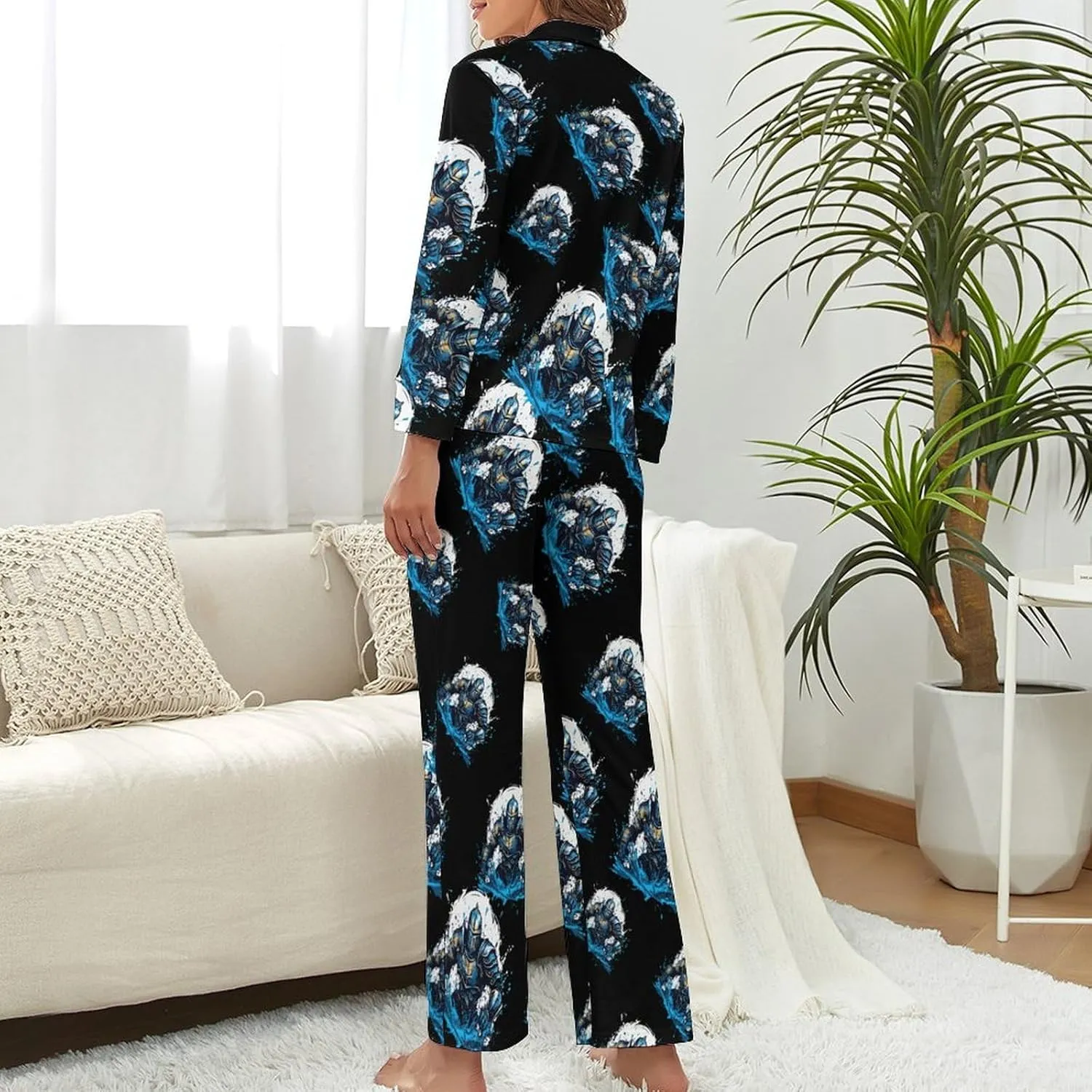 Armored Warrior Medieval Knight Womens Pajamas Satin PJ Set Button Down Loungewear Set 2 Piece Lounge Sets