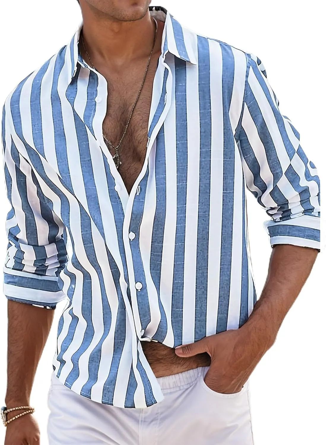Beach Shirts for Men Stripe Long Sleeve Shirt Cotton Linen Lightweight Summer Tops Button Down Blouse Casual Shirts