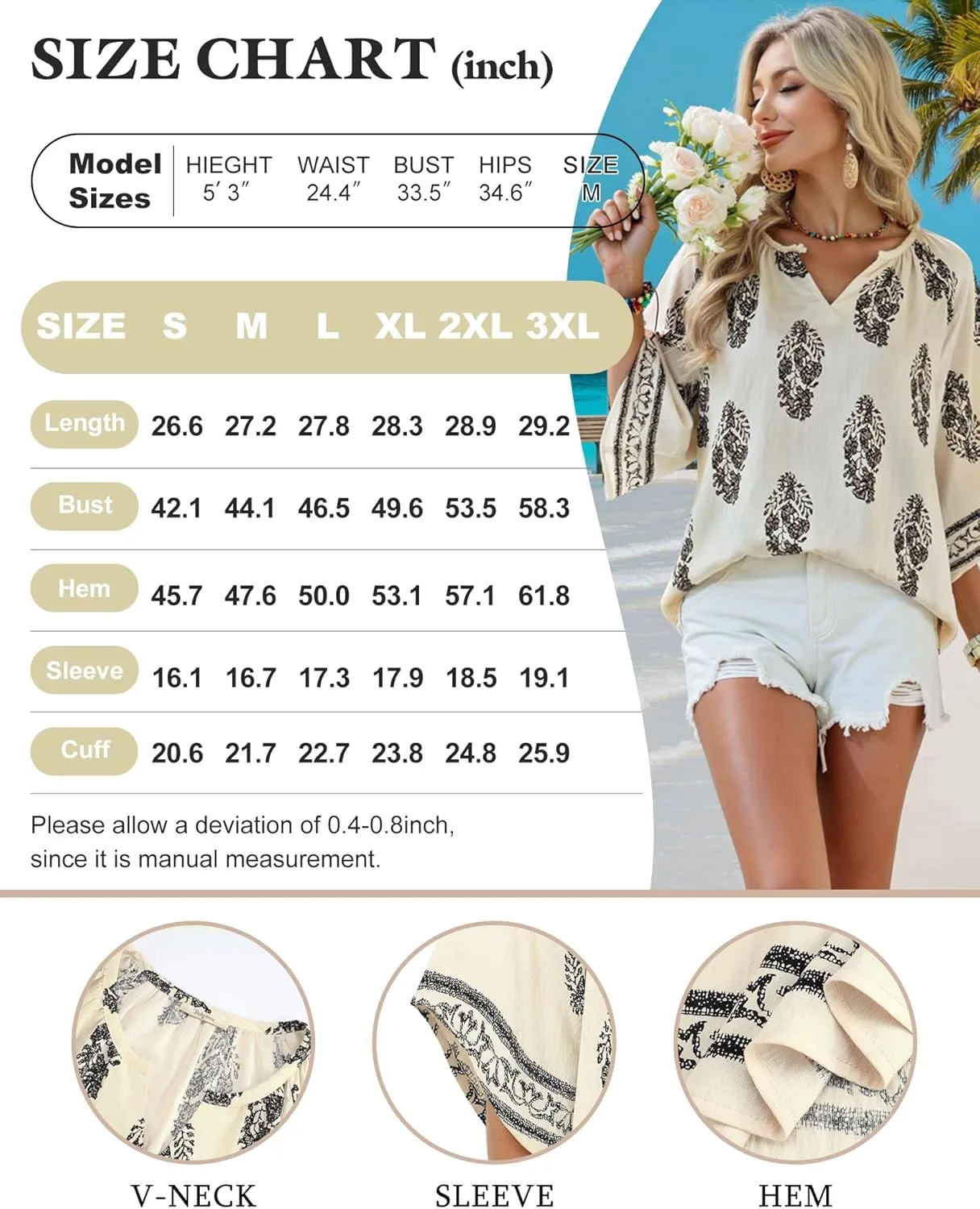 Bebonnie Womens 3/4 Sleeve V Neck Bohemian Peasant Blouses Casual Loose Fit Tunic Tops