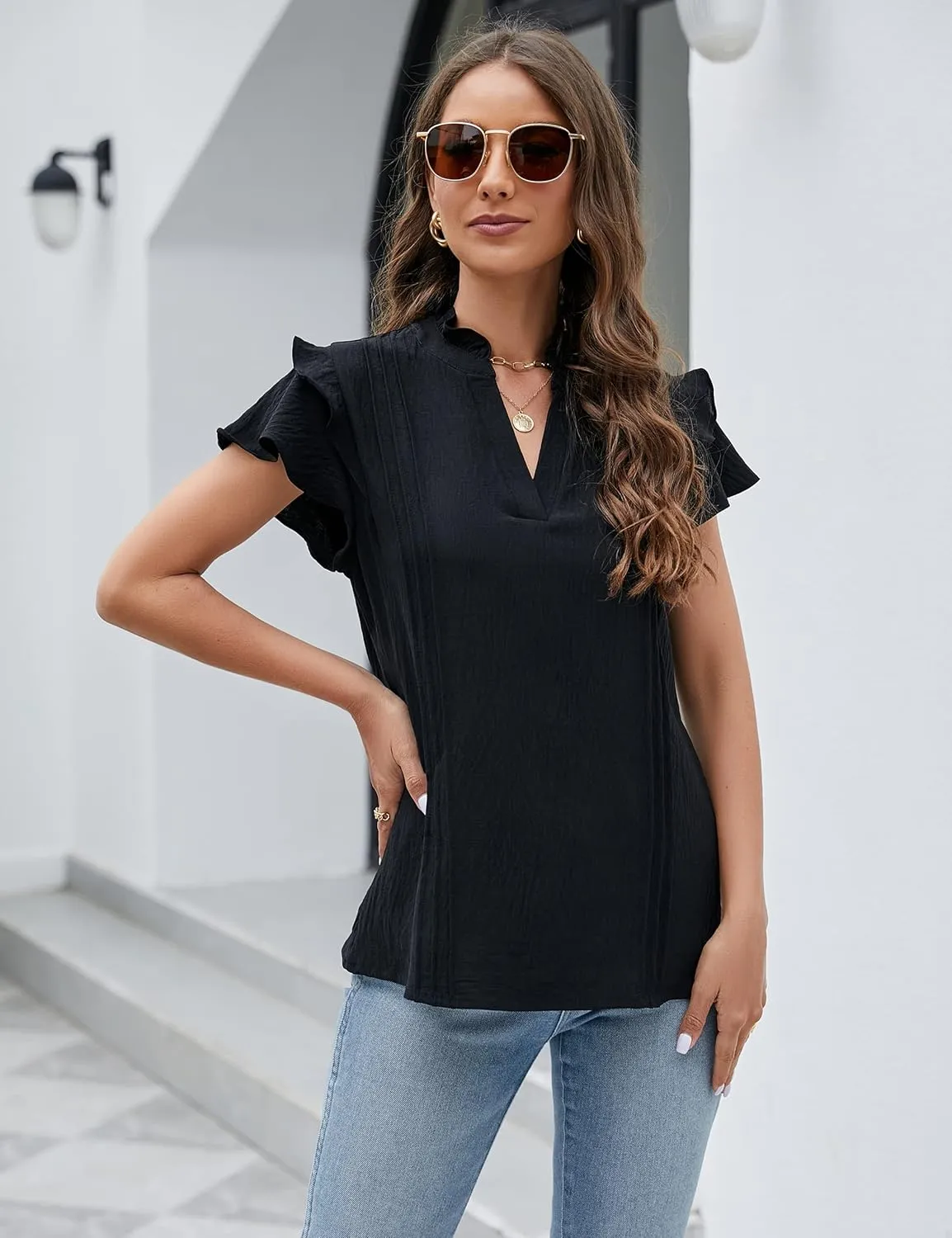 Blooming Jelly Womens Dressy Casual Tops Ruffle Short Sleeve V Neck Shirts Elegant Business Work Blouse