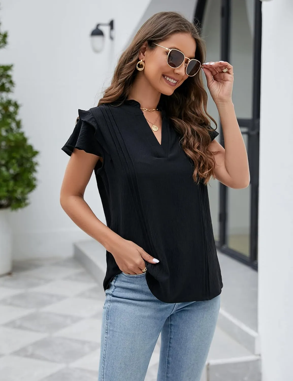 Blooming Jelly Womens Dressy Casual Tops Ruffle Short Sleeve V Neck Shirts Elegant Business Work Blouse