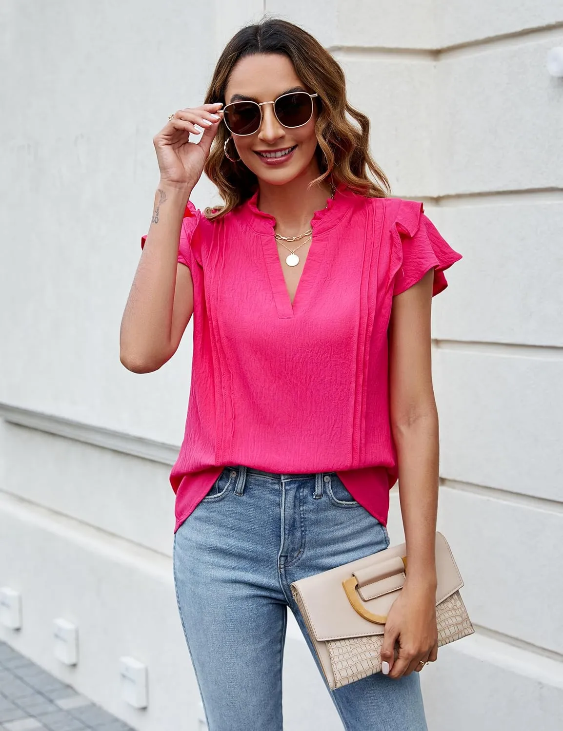 Blooming Jelly Womens Dressy Casual Tops Ruffle Short Sleeve V Neck Shirts Elegant Business Work Blouse