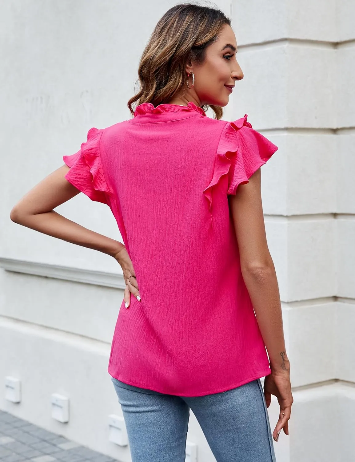 Blooming Jelly Womens Dressy Casual Tops Ruffle Short Sleeve V Neck Shirts Elegant Business Work Blouse