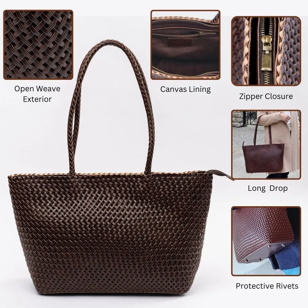 BOHIQ Large Leather Tote Bag for Women - Premium Quality Woven Leather Womens Tote Bag with Superior Zipper Closure