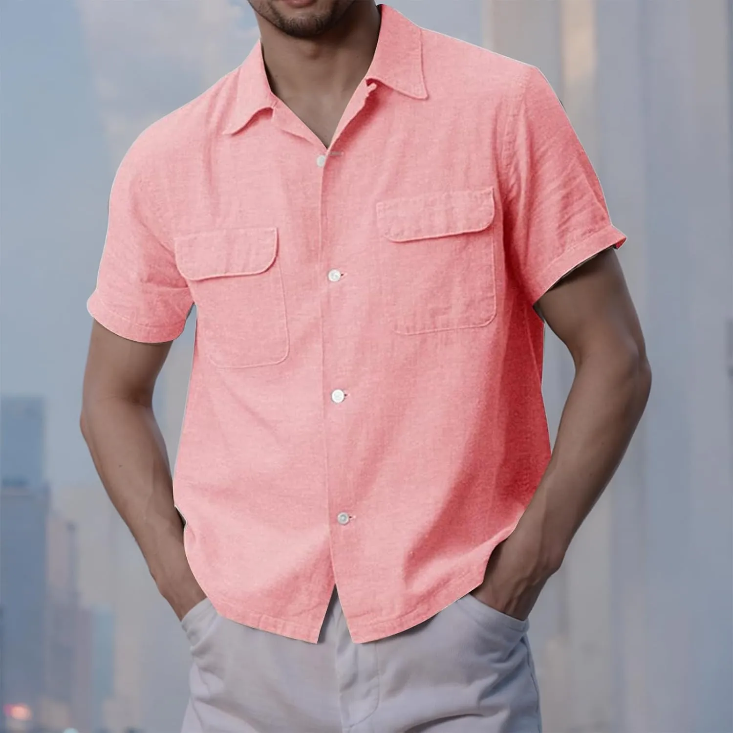 Button Down Shirts for Men Short Sleeve Cotton Linen Casual Comfy Lightweight Solid Tops Summer Beach Tee with Pockets