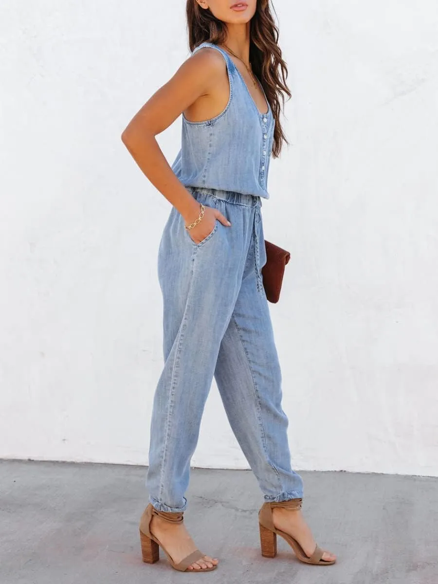 chouyatou Women's Denim Scoop Neck Sleeveless Drawstring Waist Jumpsuits Overall Rompers