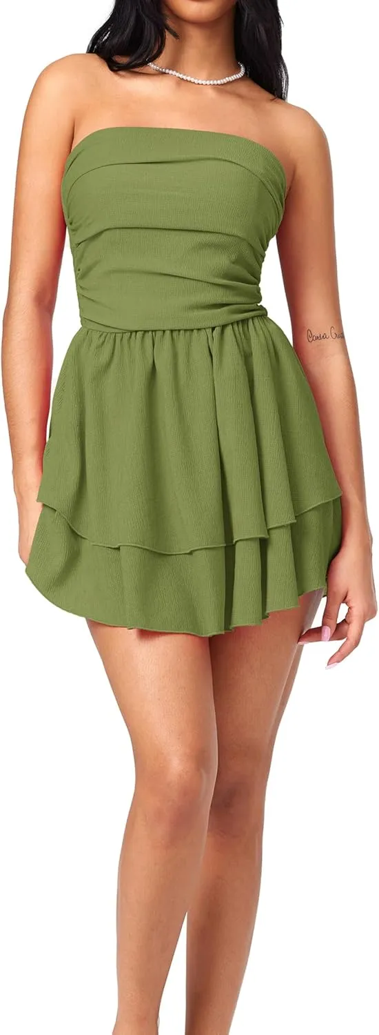 CIDER Women's Summer Cocktail Dress - Tube Ruched Ruffle Mini Dress