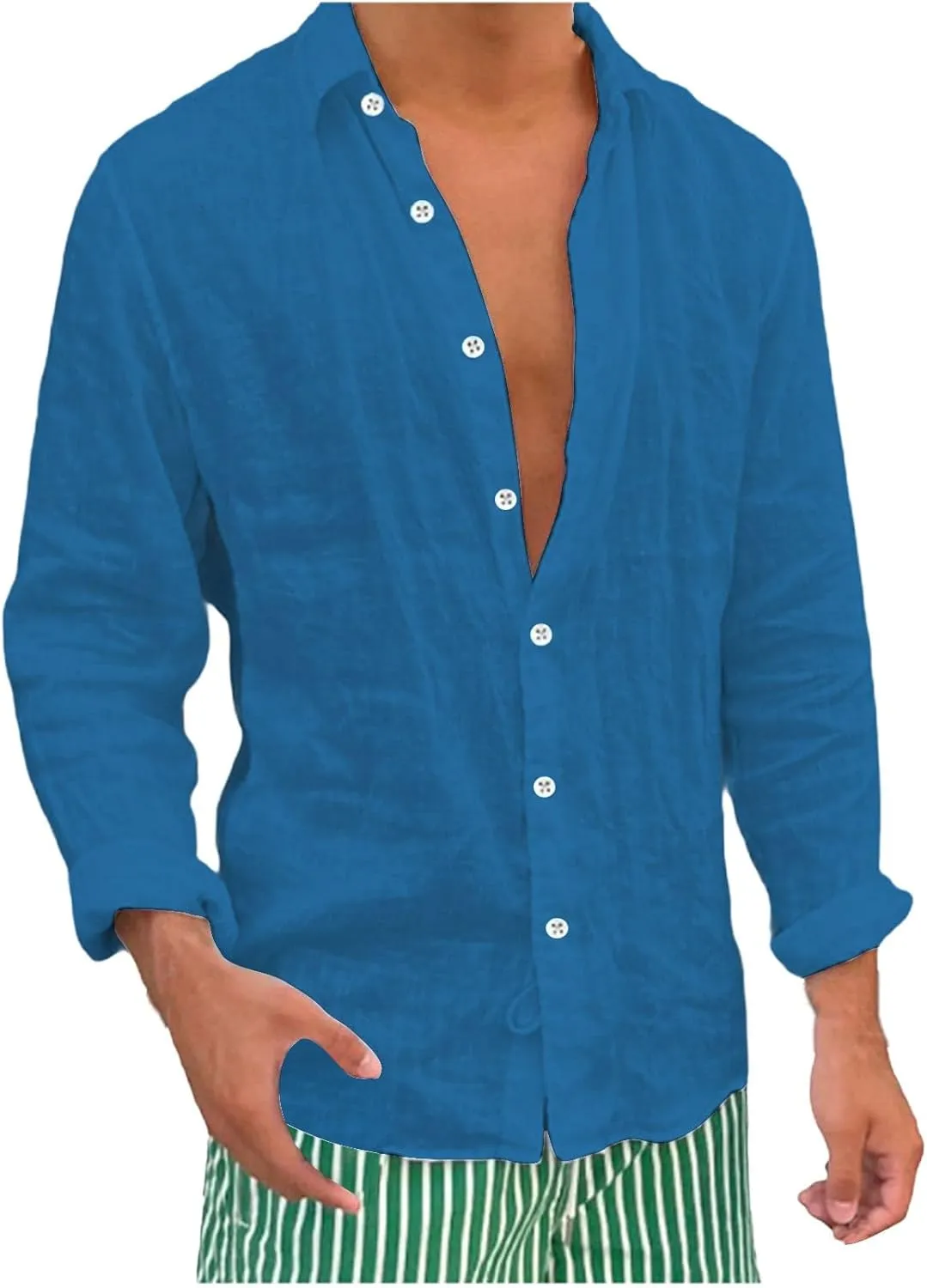 Cotton Linen Shirts Mens Casual Loose Solid Beach Swim Cardigan Vintage Washed Wrinkled Breathable Long Sleeve Shirt