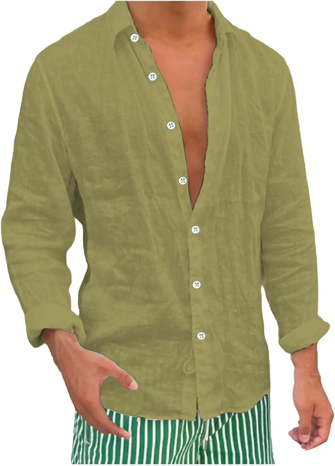 Cotton Linen Shirts Mens Casual Loose Solid Beach Swim Cardigan Vintage Washed Wrinkled Breathable Long Sleeve Shirt