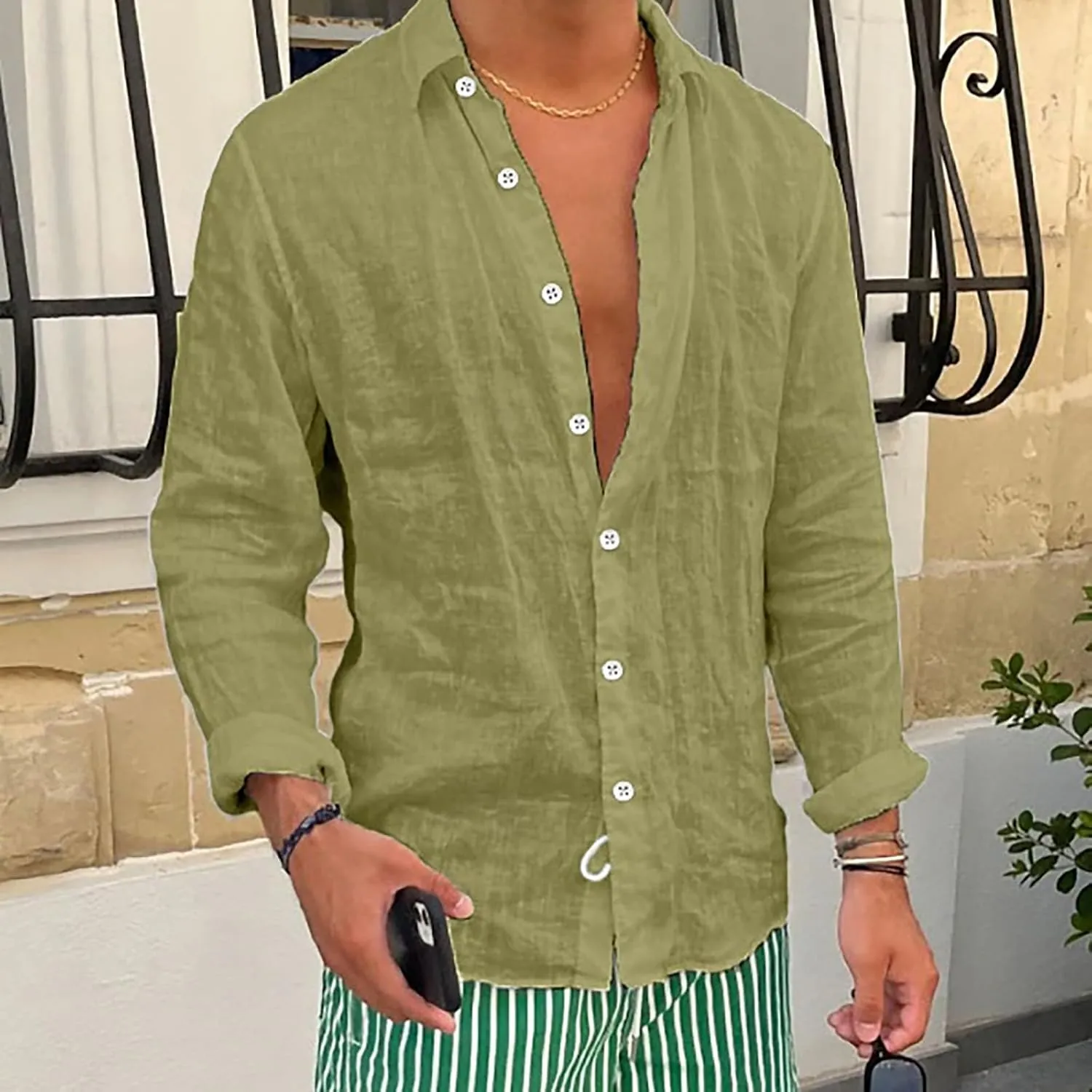 Cotton Linen Shirts Mens Casual Loose Solid Beach Swim Cardigan Vintage Washed Wrinkled Breathable Long Sleeve Shirt