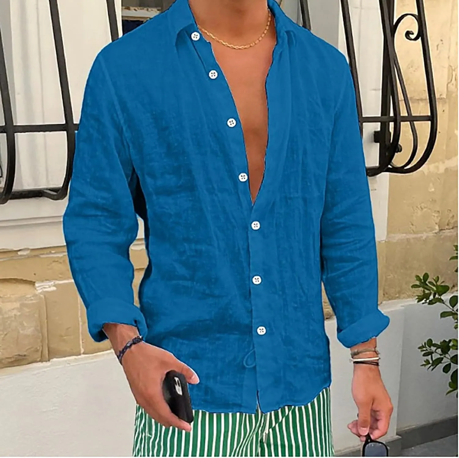 Cotton Linen Shirts Mens Casual Loose Solid Beach Swim Cardigan Vintage Washed Wrinkled Breathable Long Sleeve Shirt