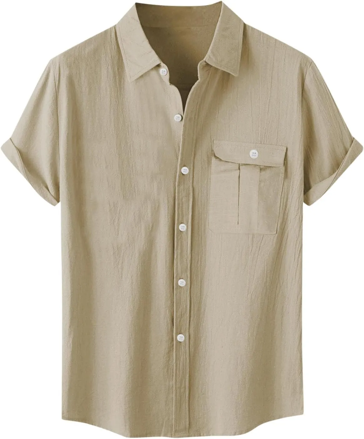Cotton Linen T-Shirt for Men Button Pocket Shirt Short Sleeve Lapel Shirts Summer Beach T-Shirts Vacation Tops