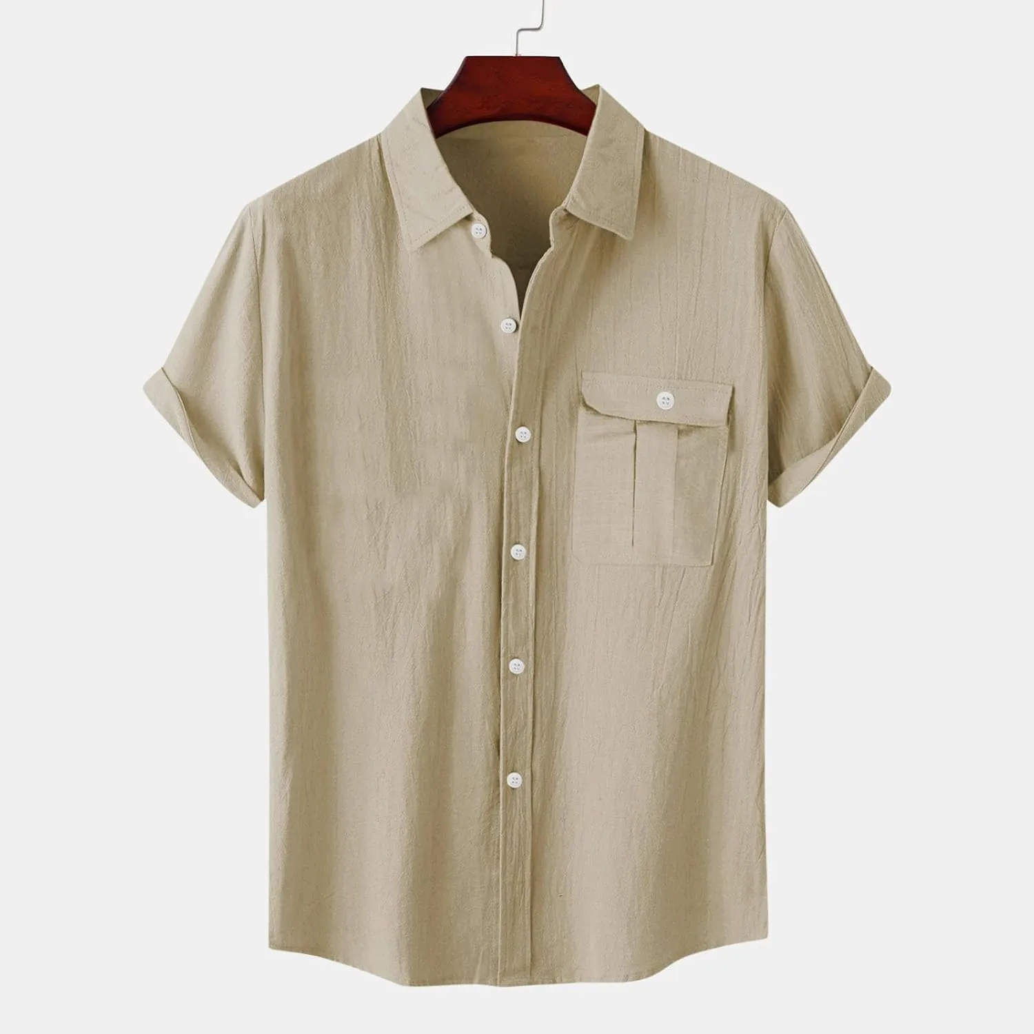 Cotton Linen T-Shirt for Men Button Pocket Shirt Short Sleeve Lapel Shirts Summer Beach T-Shirts Vacation Tops