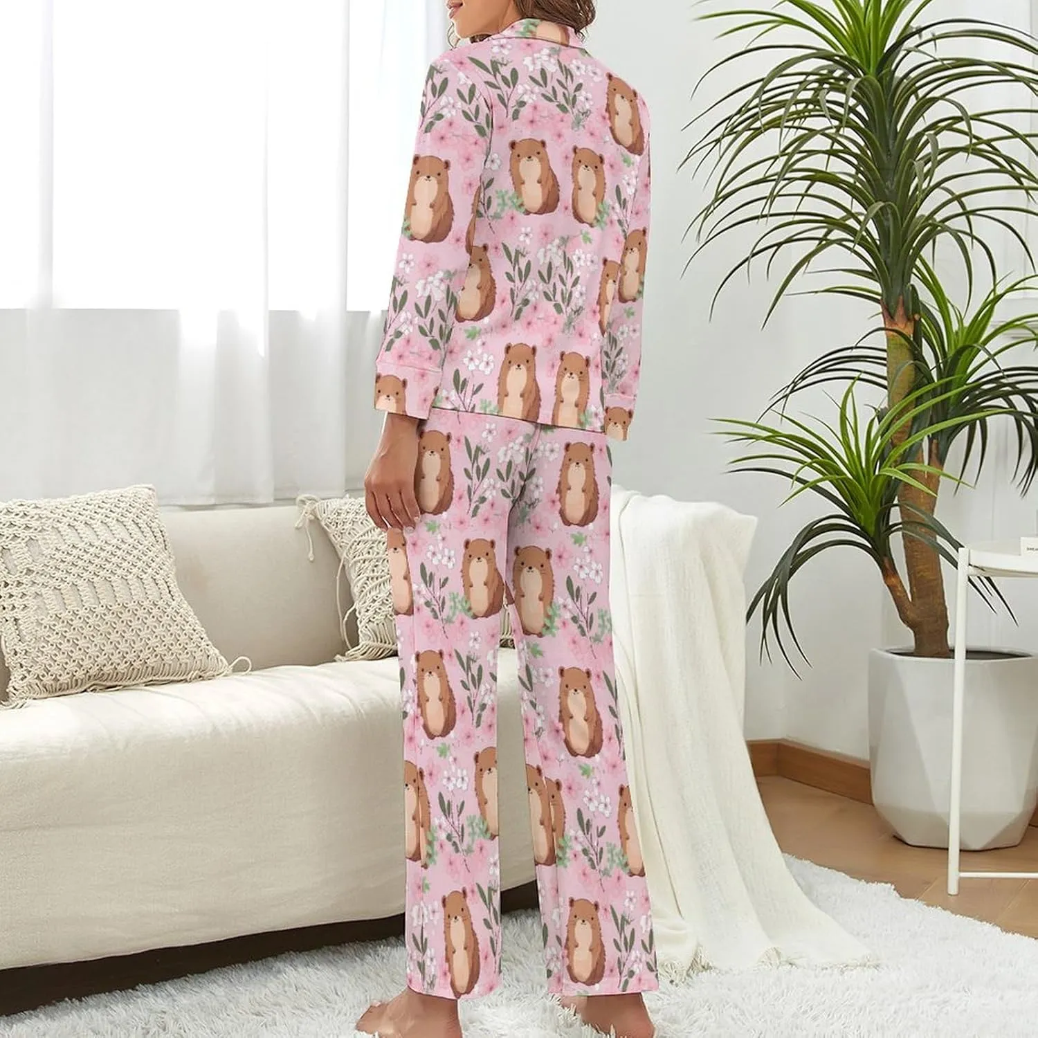 Cute Cartoon Capybaras Womens Pajamas Satin PJ Set Button Down Loungewear Set 2 Piece Lounge Sets