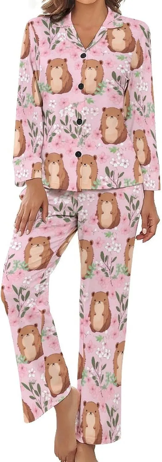 Cute Cartoon Capybaras Womens Pajamas Satin PJ Set Button Down Loungewear Set 2 Piece Lounge Sets