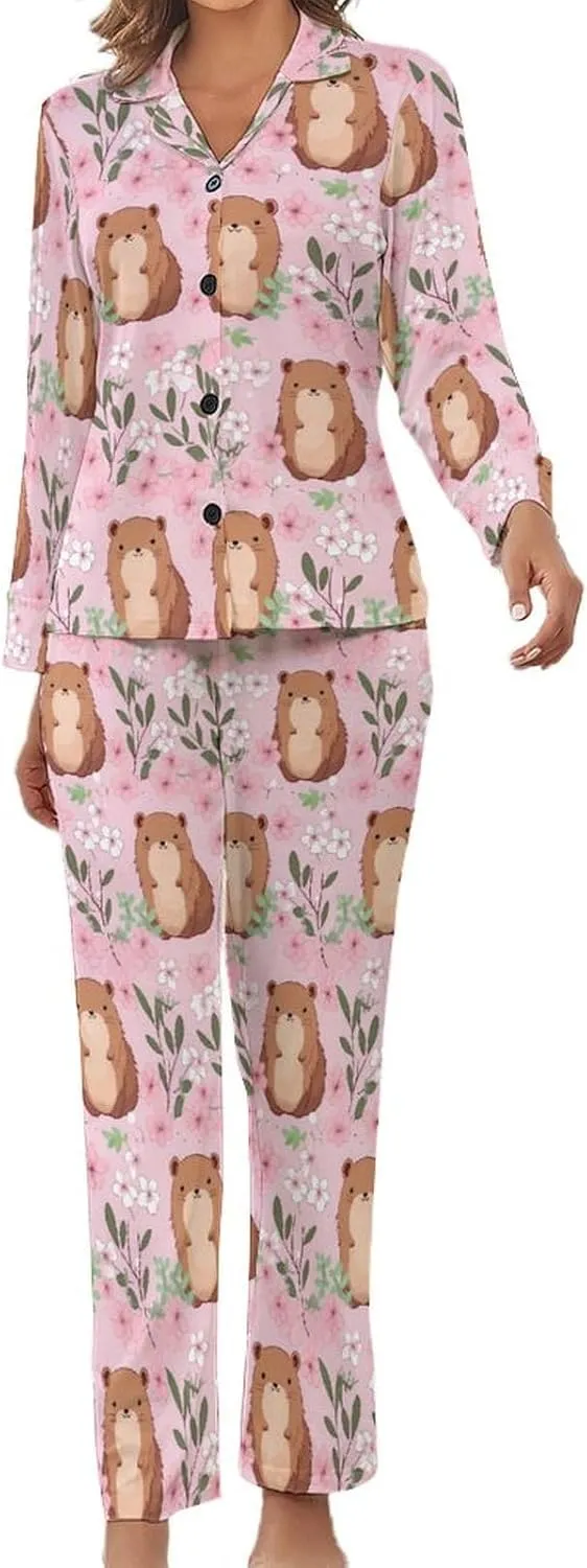 Cute Cartoon Capybaras Womens Pajamas Satin PJ Set Button Down Loungewear Set 2 Piece Lounge Sets