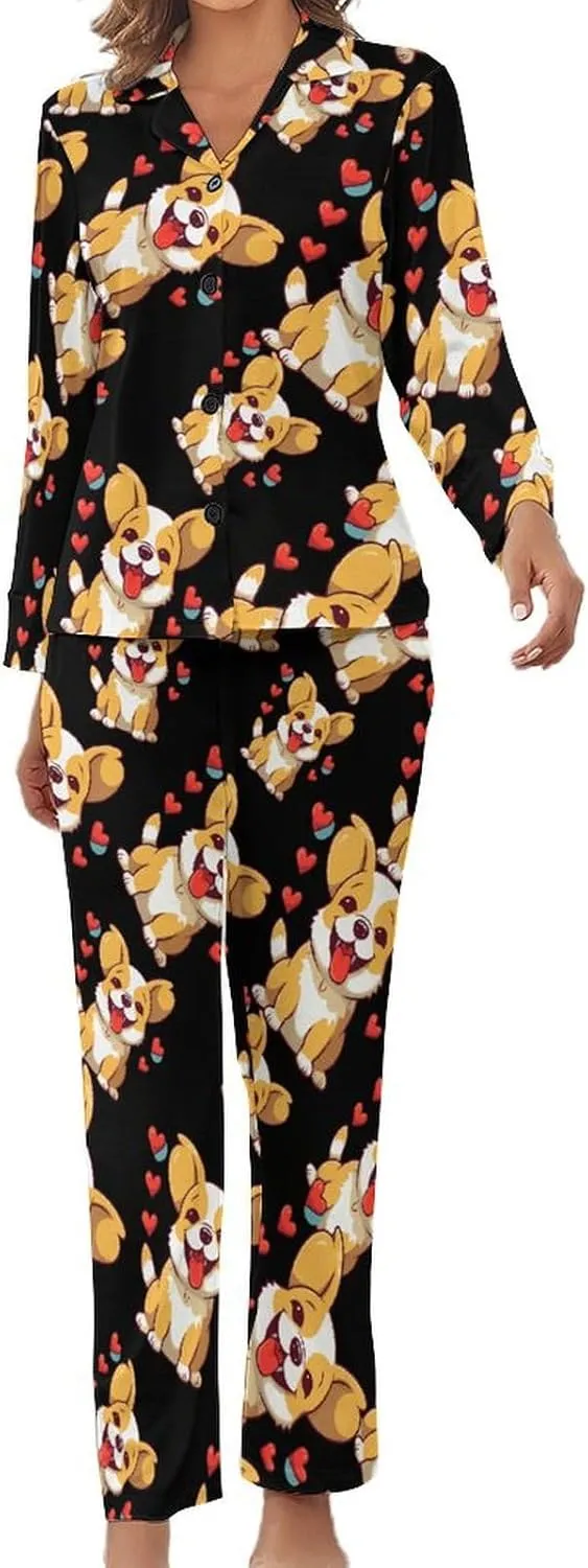 Cute Corgi Love Womens Pajamas Satin PJ Set Button Down Loungewear Set 2 Piece Lounge Sets
