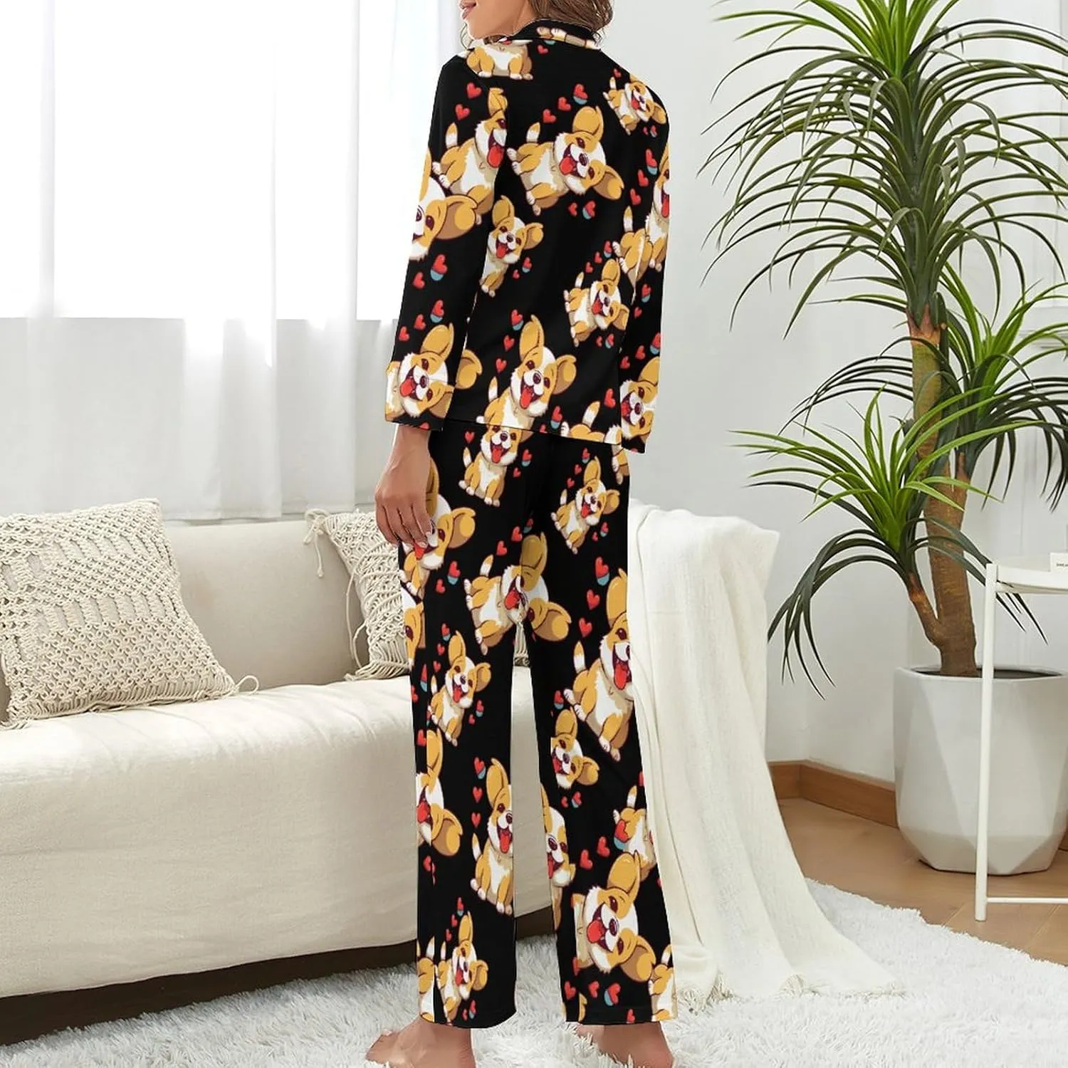 Cute Corgi Love Womens Pajamas Satin PJ Set Button Down Loungewear Set 2 Piece Lounge Sets