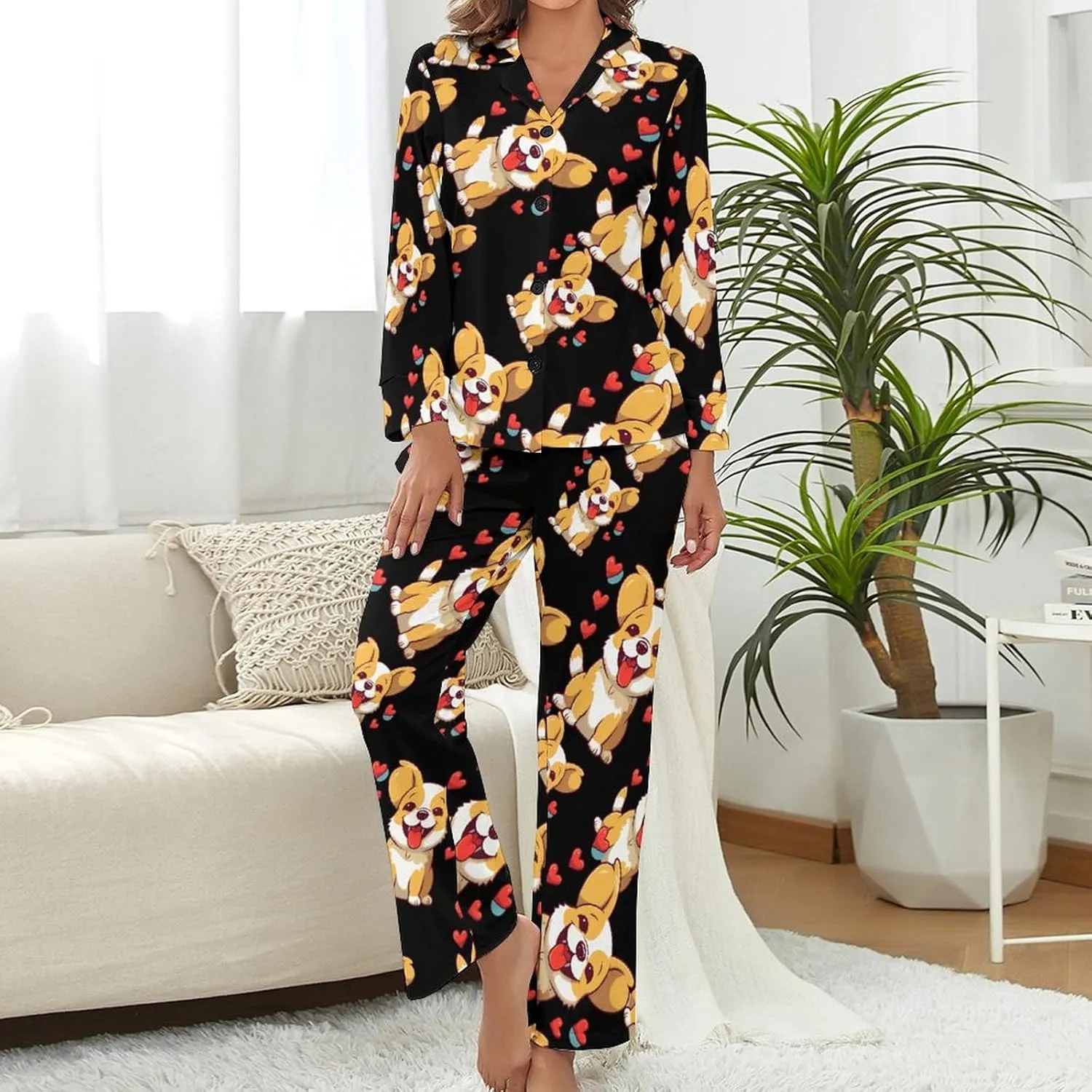 Cute Corgi Love Womens Pajamas Satin PJ Set Button Down Loungewear Set 2 Piece Lounge Sets