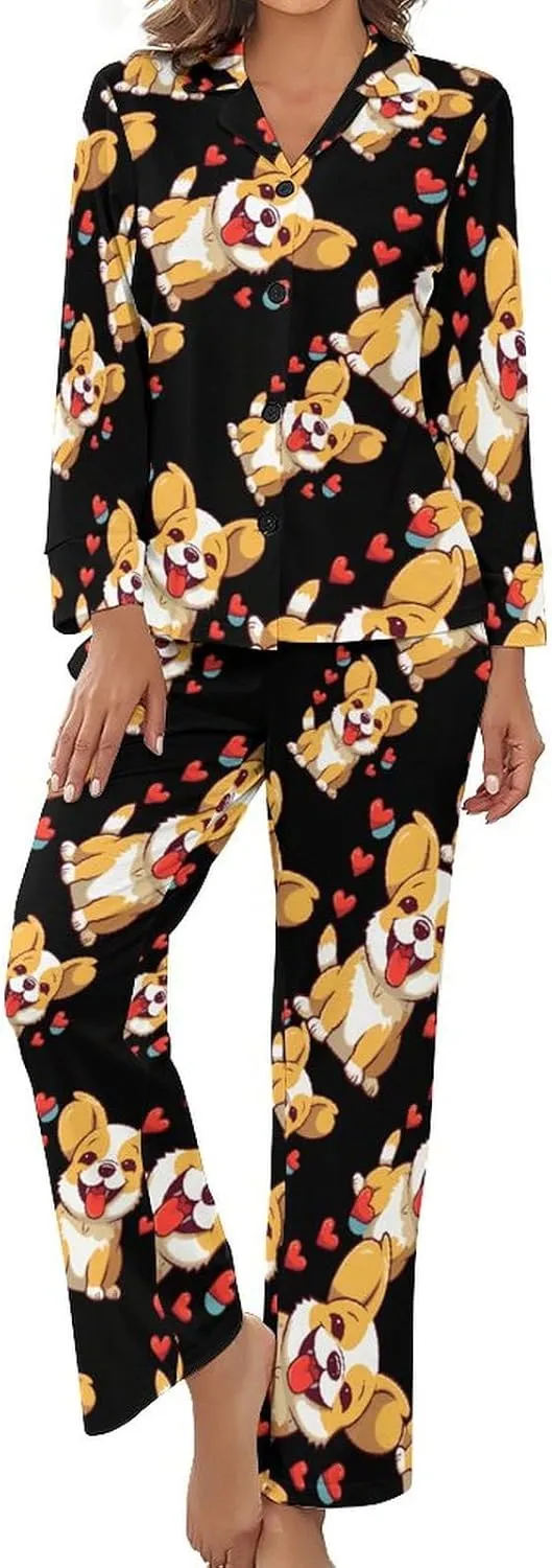 Cute Corgi Love Womens Pajamas Satin PJ Set Button Down Loungewear Set 2 Piece Lounge Sets