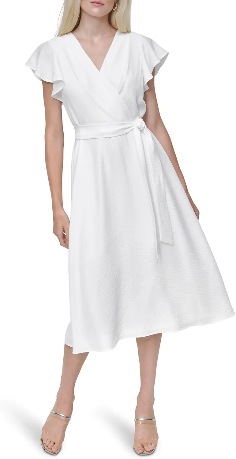 DKNY Women's Flutter Sleeve Tie Fit and Flare Midi Dress