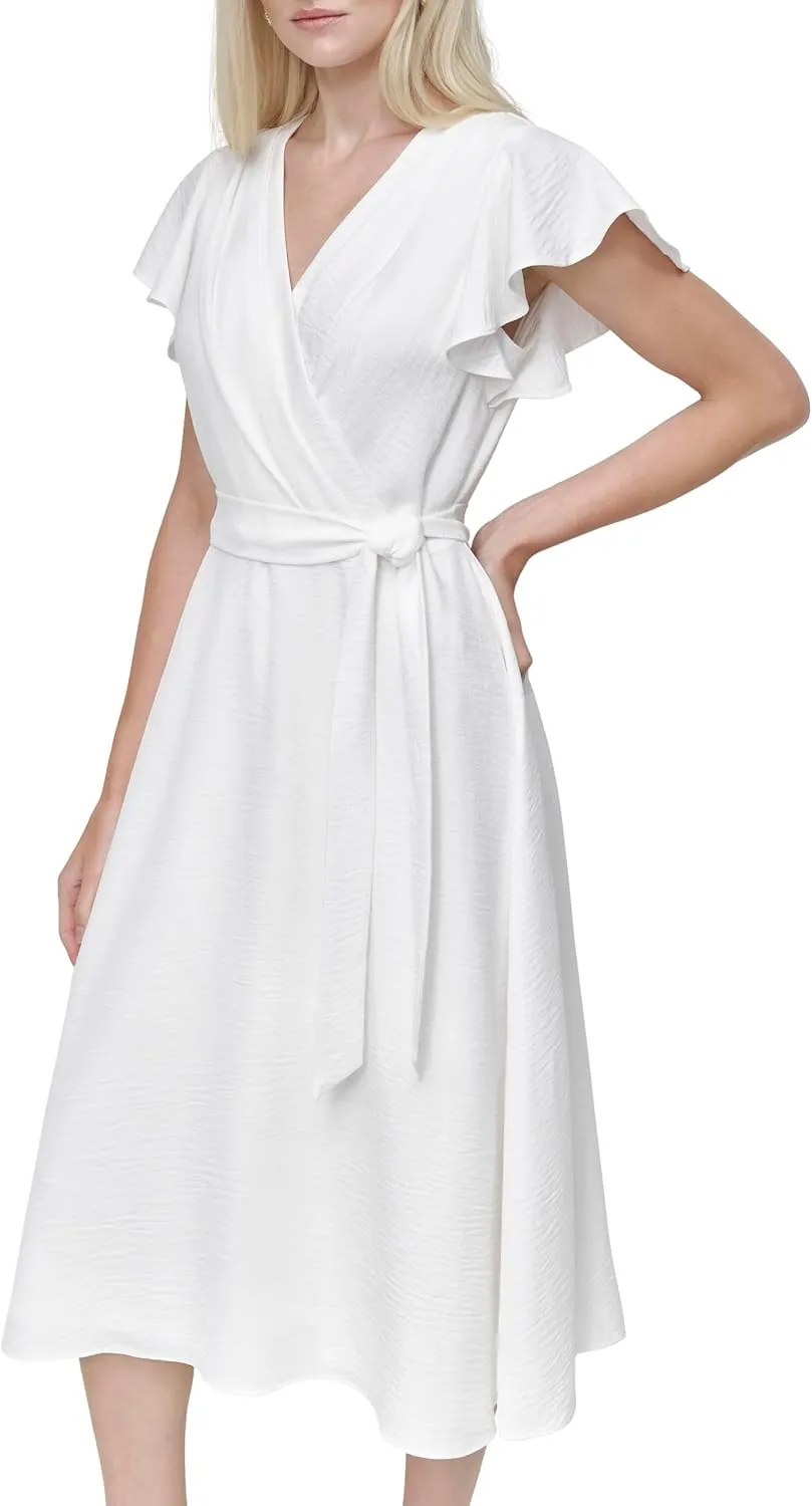 DKNY Women's Flutter Sleeve Tie Fit and Flare Midi Dress