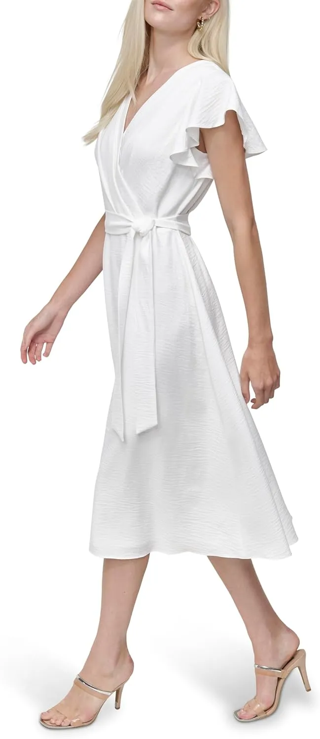 DKNY Women's Flutter Sleeve Tie Fit and Flare Midi Dress