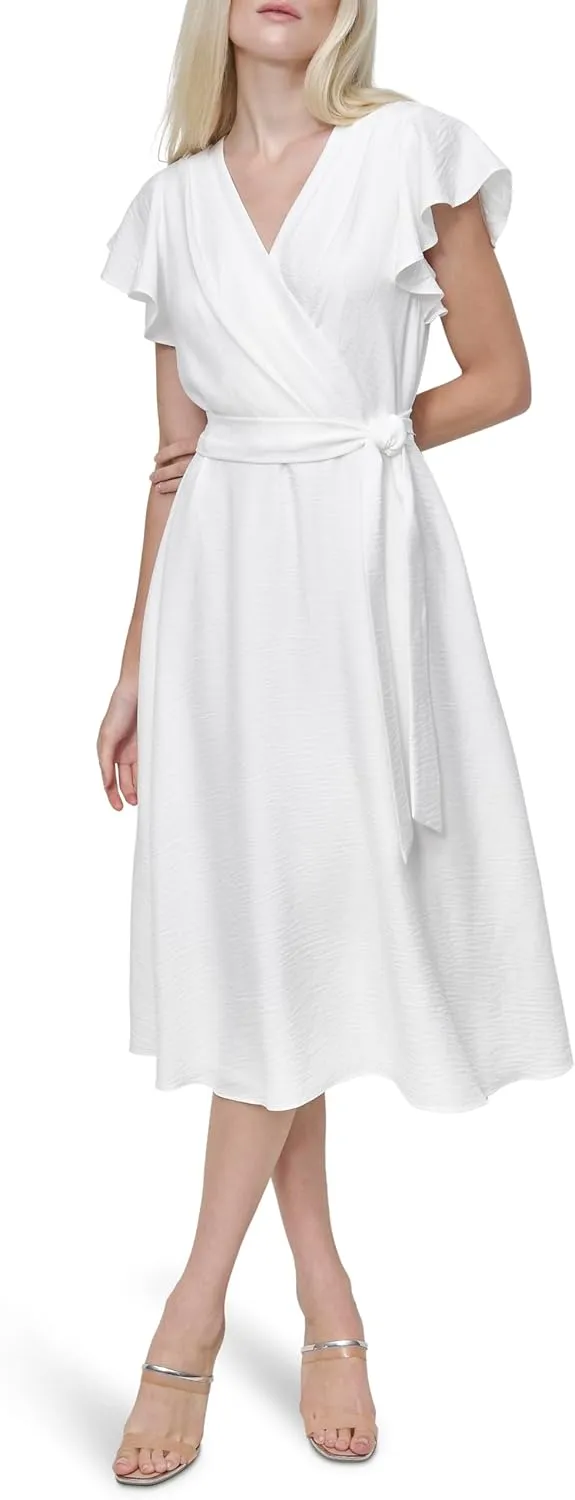 DKNY Women's Flutter Sleeve Tie Fit and Flare Midi Dress