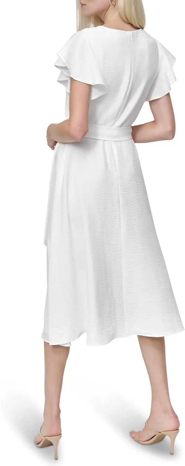 DKNY Women's Flutter Sleeve Tie Fit and Flare Midi Dress