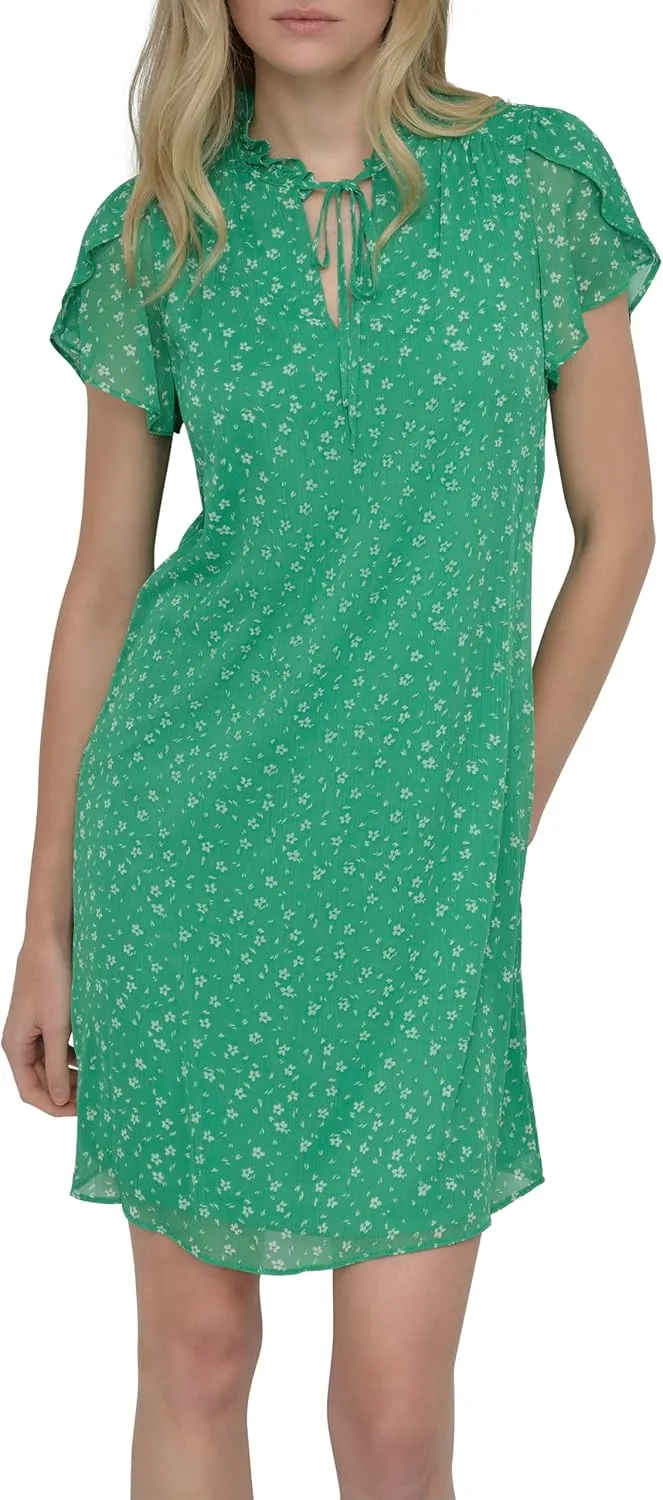 DKNY Women's Front Tie Ruffle Neckline Trapeze Dress