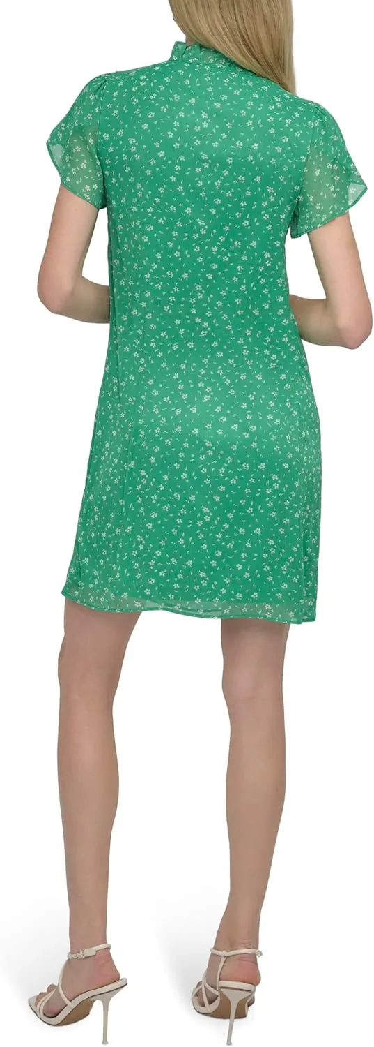 DKNY Women's Front Tie Ruffle Neckline Trapeze Dress