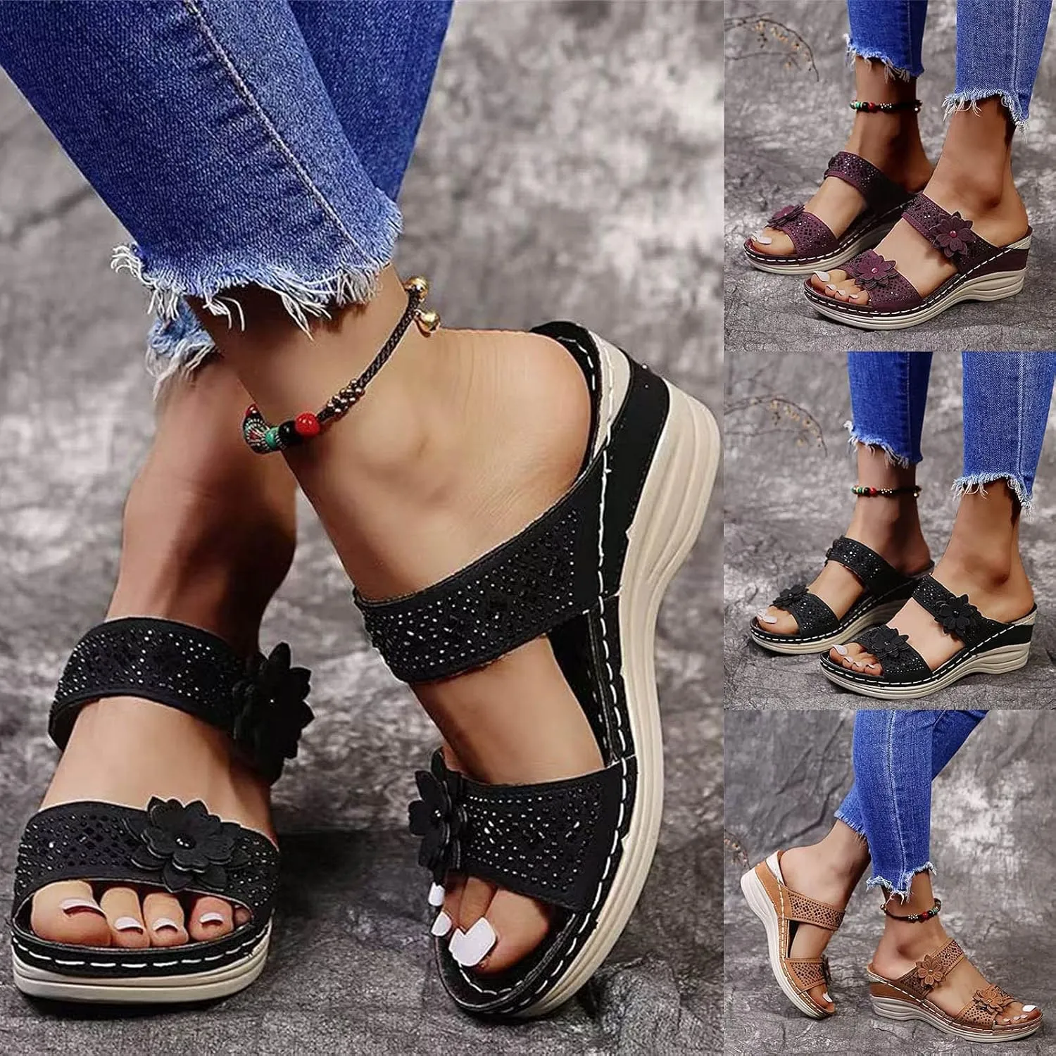 Eduavar Sandals Women Comfortable, Womens Sandals Trendy Breathable Sandals Slip On Platform Wedge Sandals Heels Sandals