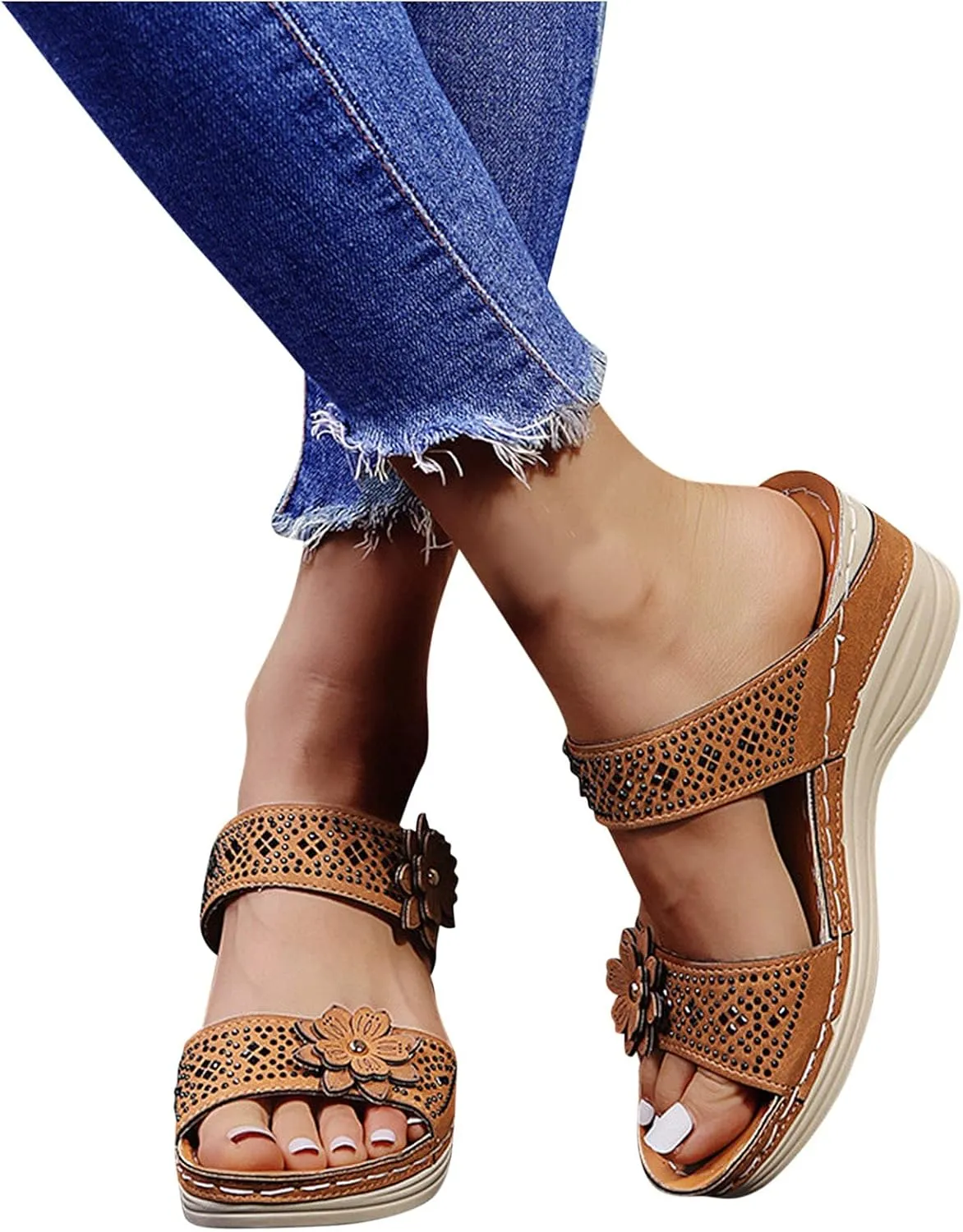 Eduavar Sandals Women Comfortable, Womens Sandals Trendy Breathable Sandals Slip On Platform Wedge Sandals Heels Sandals