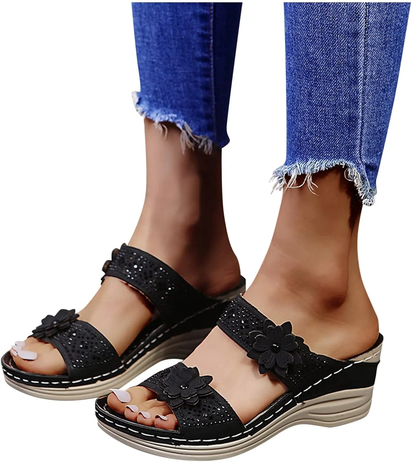 Eduavar Womens Wedge Sandals, Womens Sandals Trendy Breathable Sandals Slip On Platform Wedge Sandals Heels Sandals